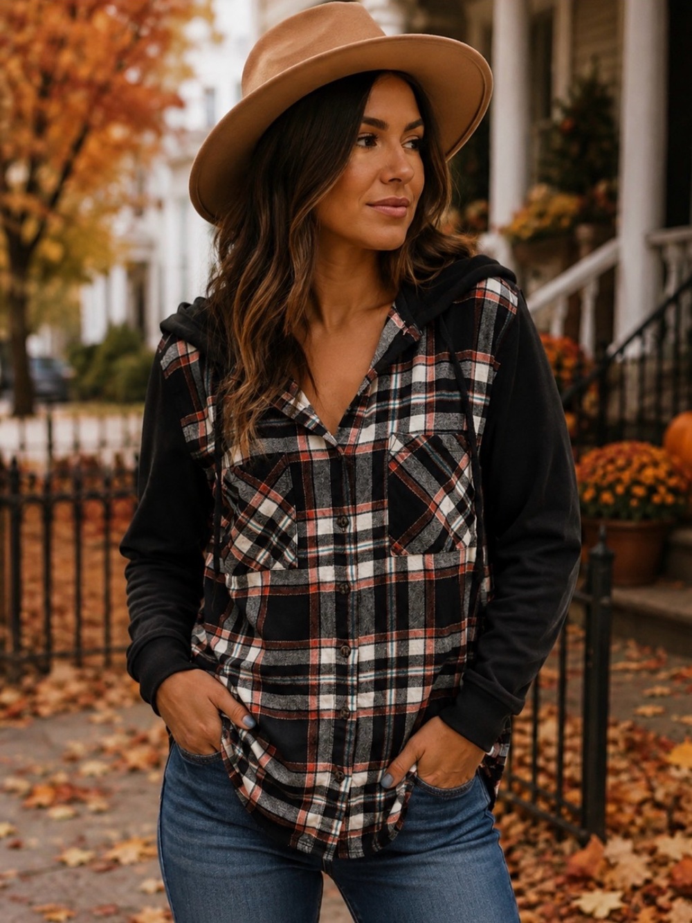 Ambiance Black and Brown Plaid Button-Down Hoodie